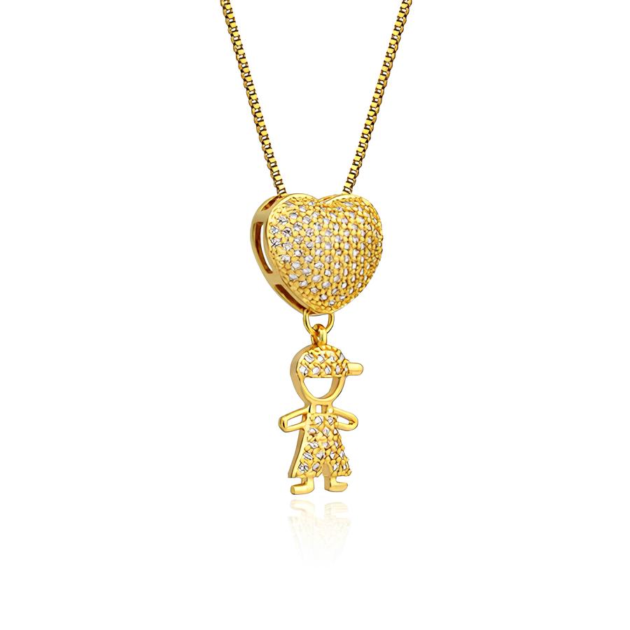 Colar de Filhos Coração Cravejado em Ouro 18K – Pingente Menino e Menina, Joia Antialérgica