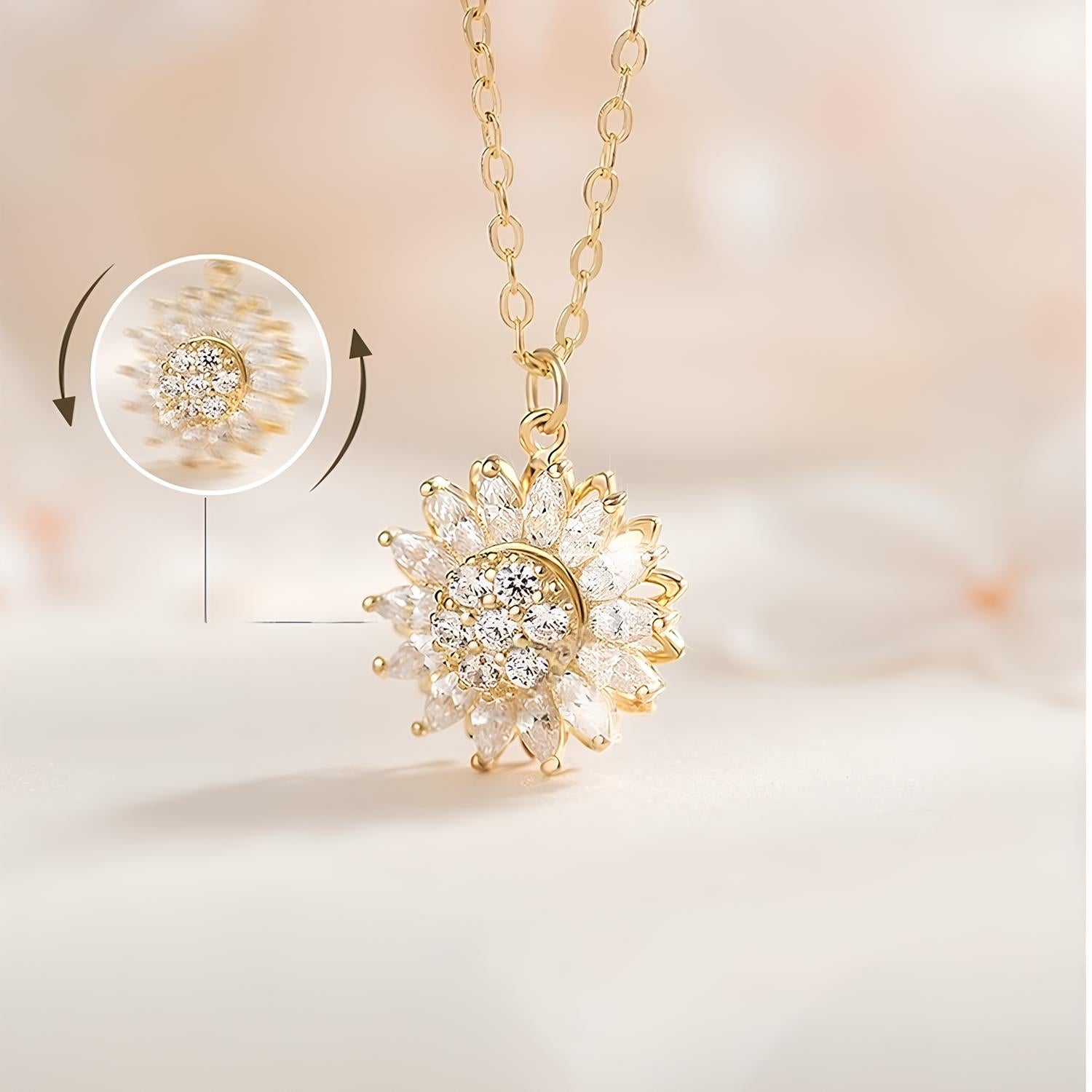 Colar Girassol Rotativo – Elegância e Movimento em uma Joia Única
