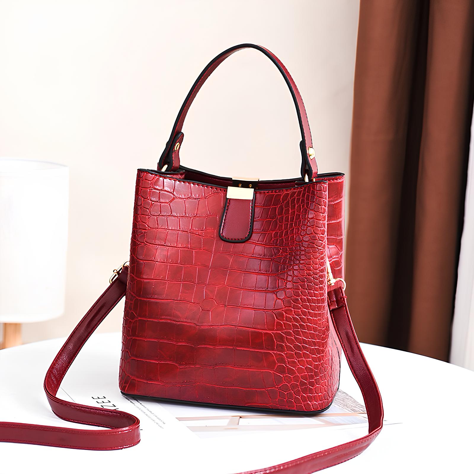 Bolsa Bucket Feminina de Couro Croco | Bolsa de Ombro e Crossbody Elegante