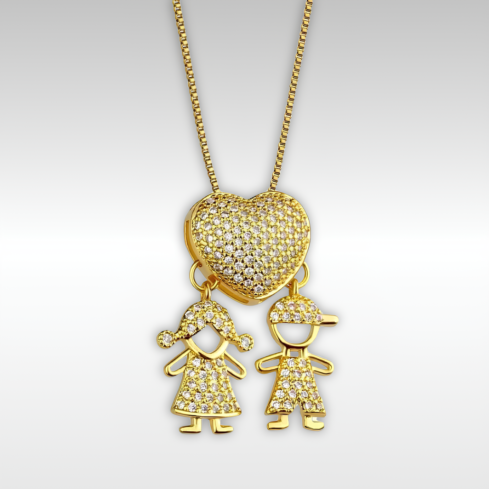 Colar de Filhos Coração Cravejado em Ouro 18K – Pingente Menino e Menina, Joia Antialérgica
