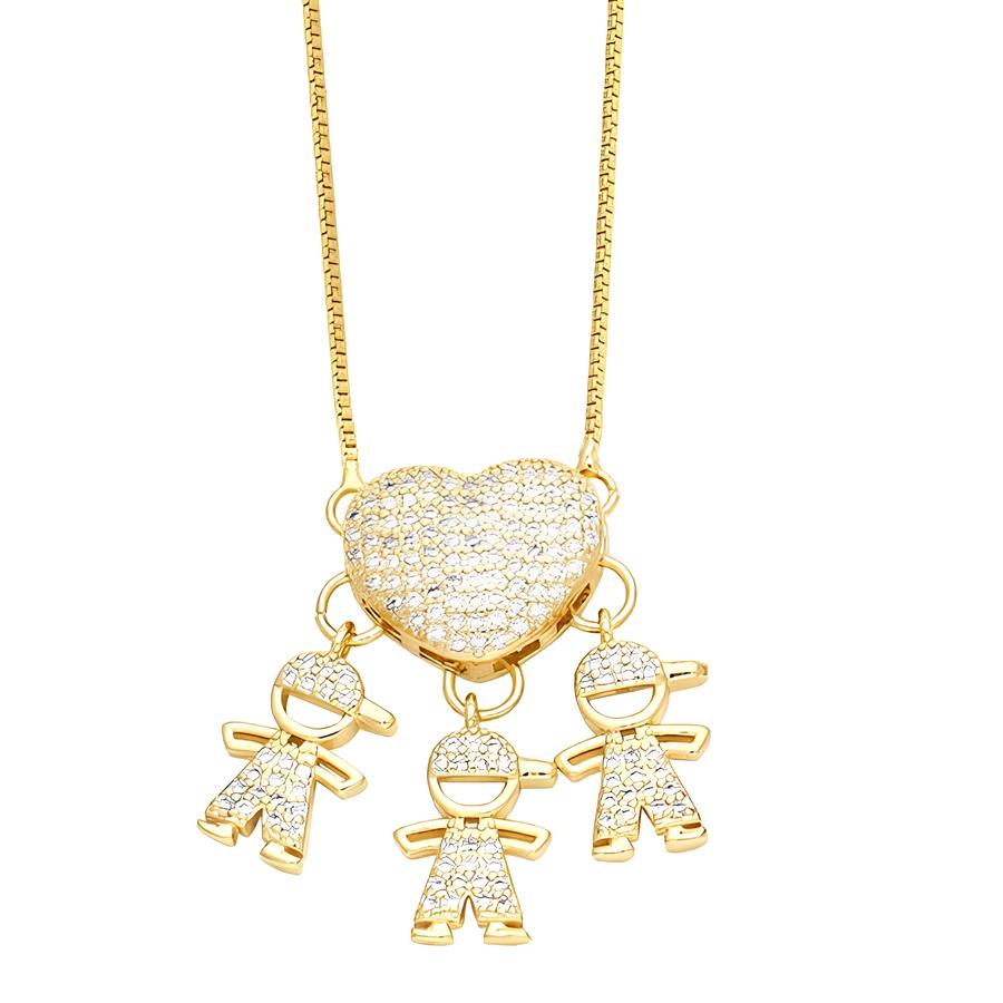 Colar de Filhos Coração Cravejado em Ouro 18K – Pingente Menino e Menina, Joia Antialérgica