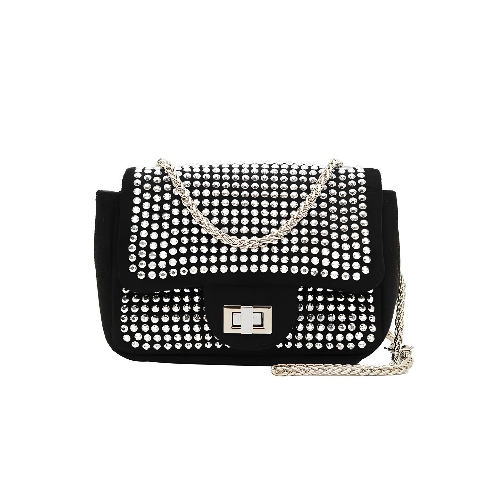 Bolsa Cristal Sublime – Sofisticação em Strass e Alça de Corrente Prata