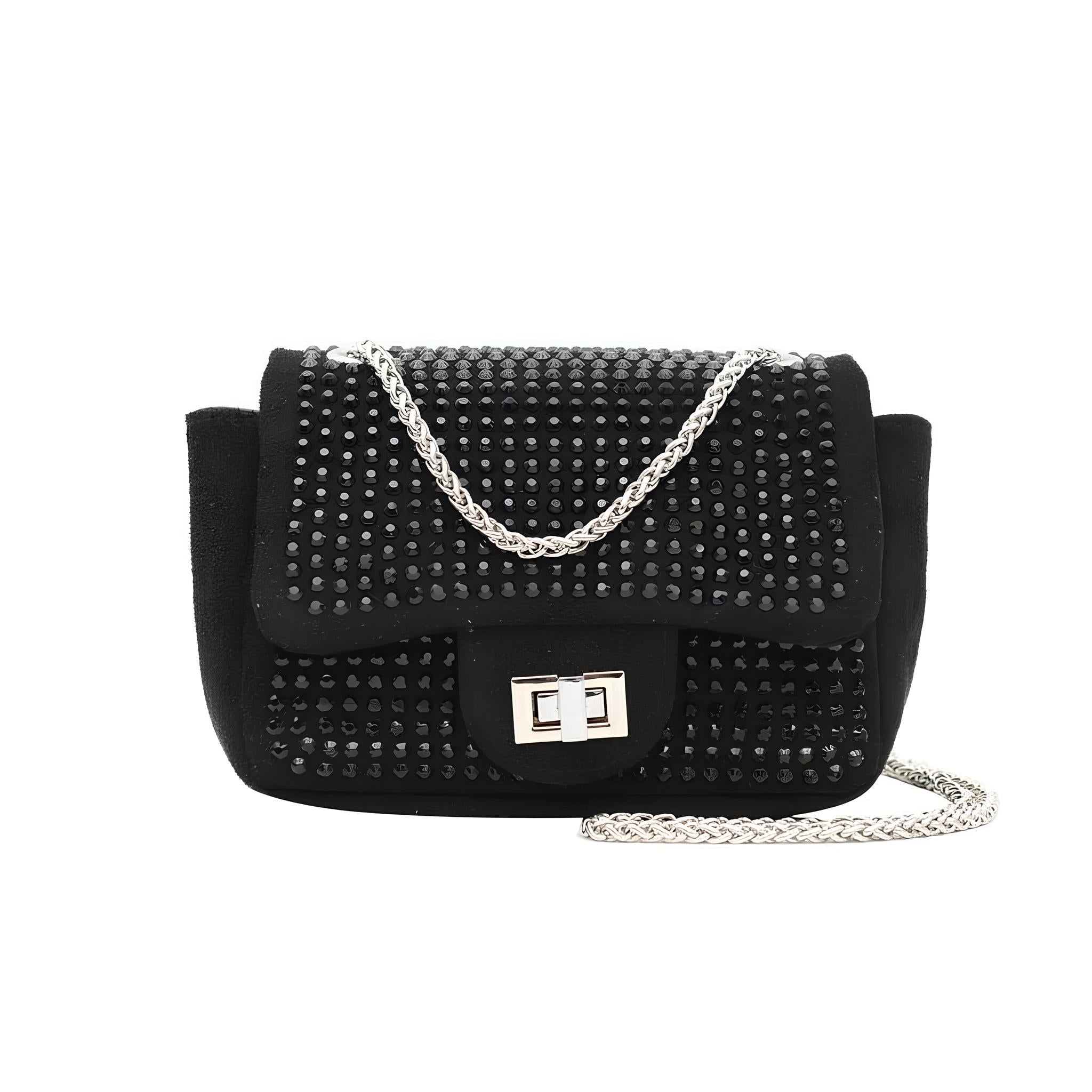 Bolsa Cristal Sublime – Sofisticação em Strass e Alça de Corrente Prata
