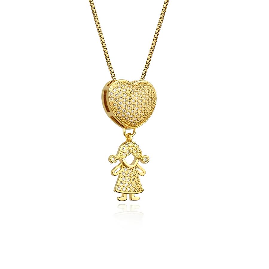 Colar de Filhos Coração Cravejado em Ouro 18K – Pingente Menino e Menina, Joia Antialérgica