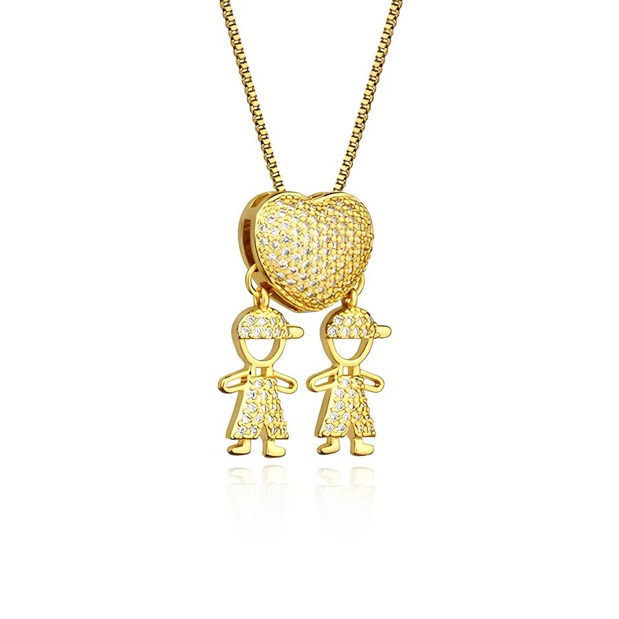 Colar de Filhos Coração Cravejado em Ouro 18K – Pingente Menino e Menina, Joia Antialérgica