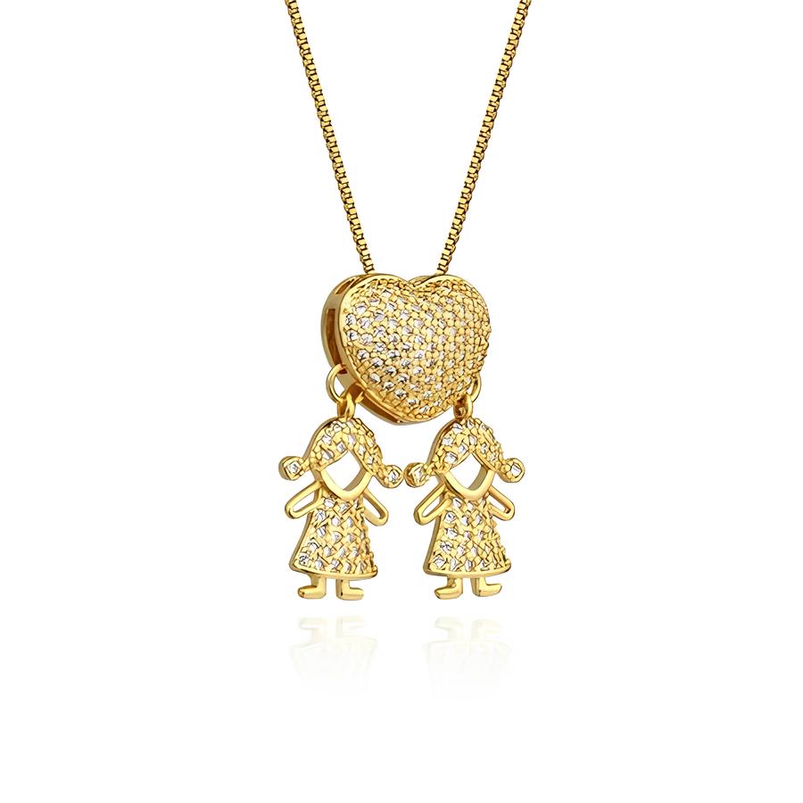 Colar de Filhos Coração Cravejado em Ouro 18K – Pingente Menino e Menina, Joia Antialérgica