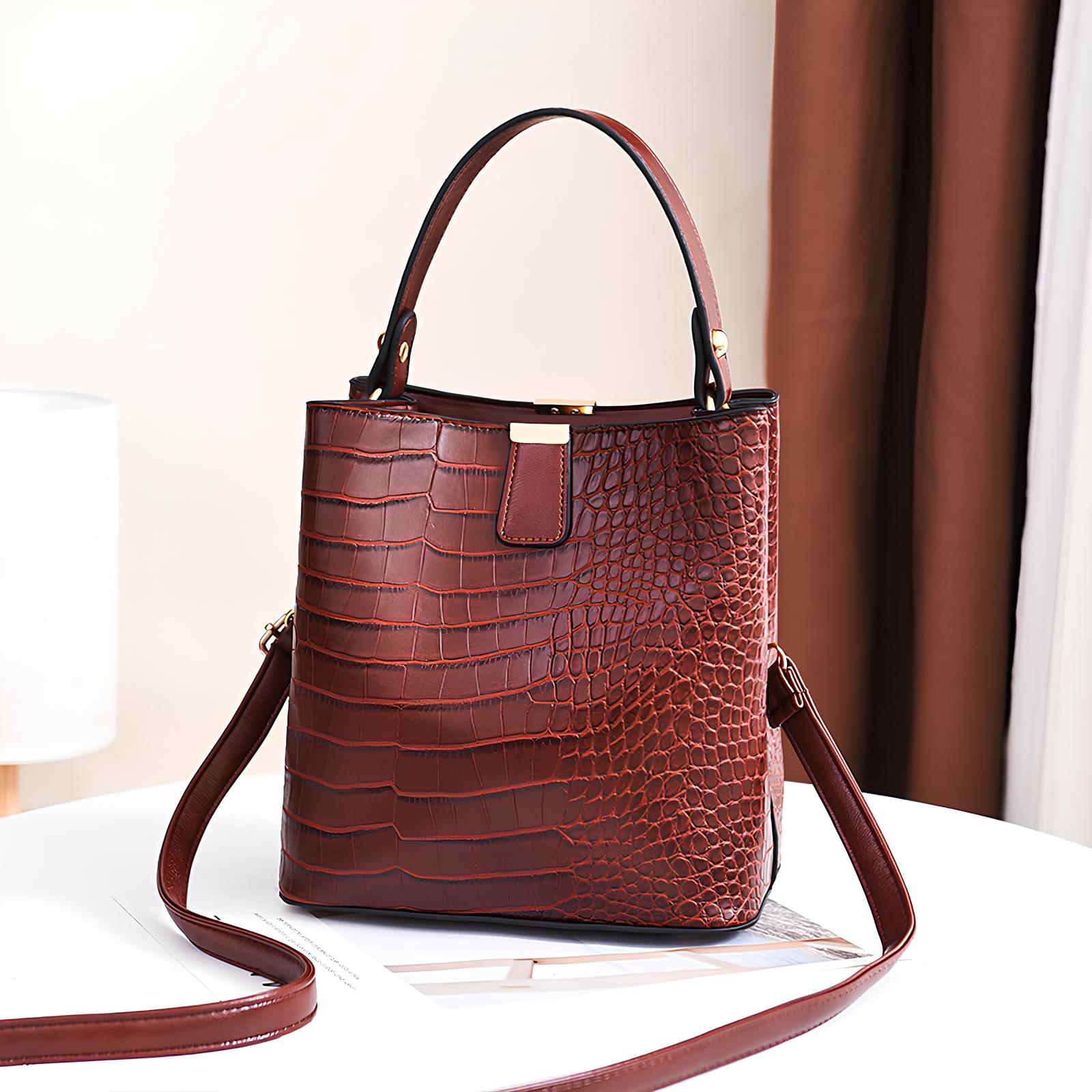 Bolsa Bucket Feminina de Couro Croco | Bolsa de Ombro e Crossbody Elegante