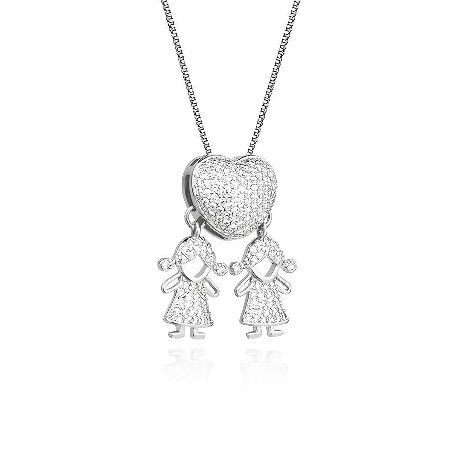 Colar de Filhos Coração Cravejado em Ouro 18K – Pingente Menino e Menina, Joia Antialérgica