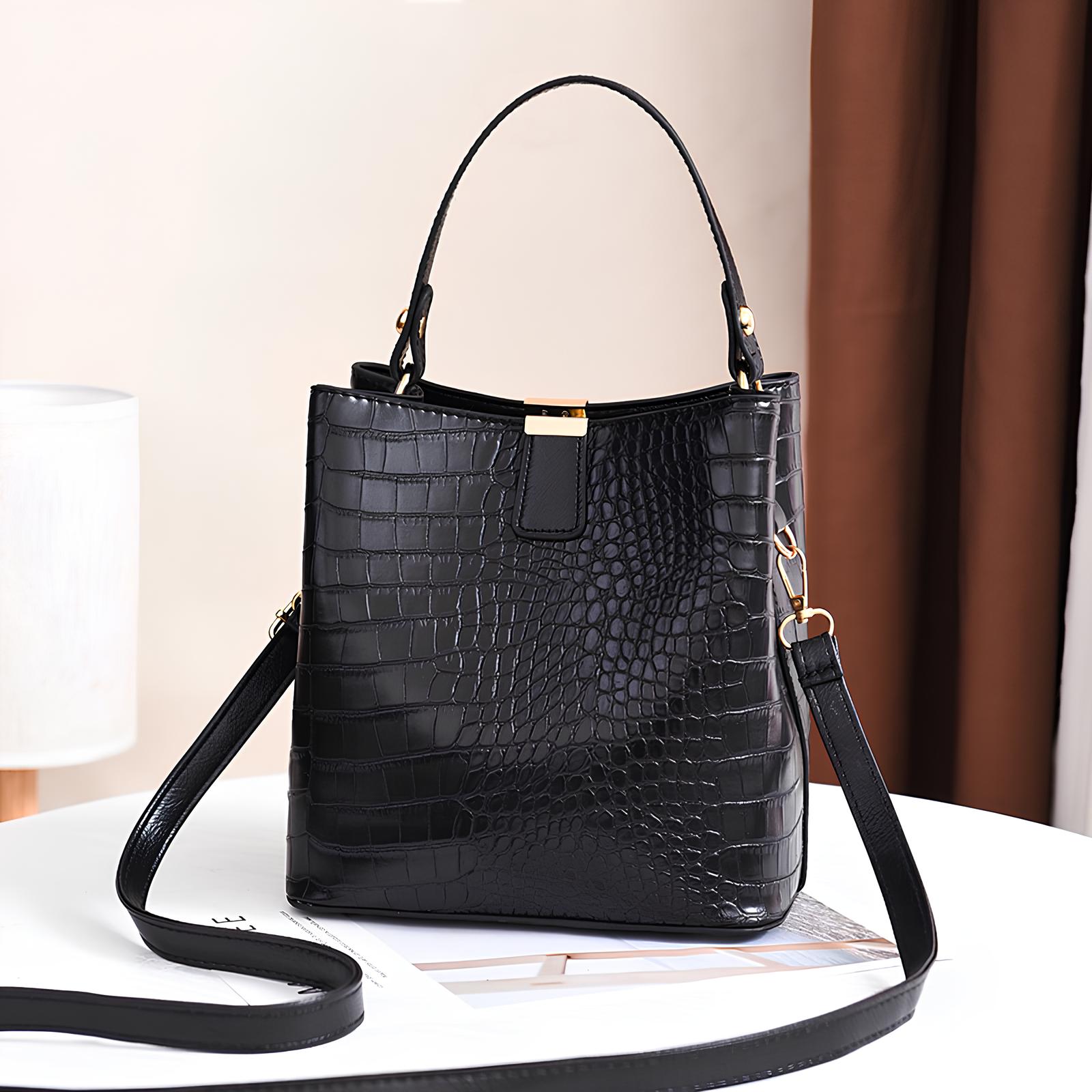 Bolsa Bucket Feminina de Couro Croco | Bolsa de Ombro e Crossbody Elegante