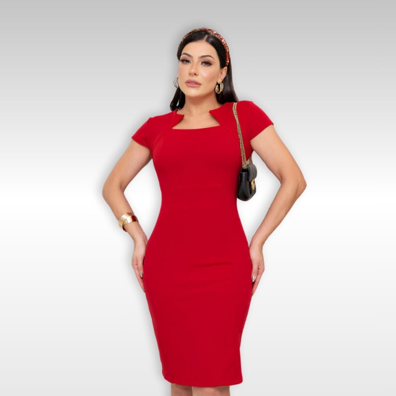 Vestido Midi Tubinho Elegante – Moda Executiva e Social, Gola Exclusiva, Malha Crepe Premium