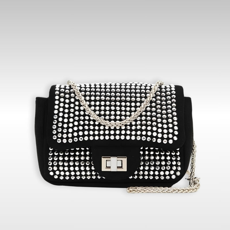 Bolsa Cristal Sublime – Sofisticação em Strass e Alça de Corrente Prata