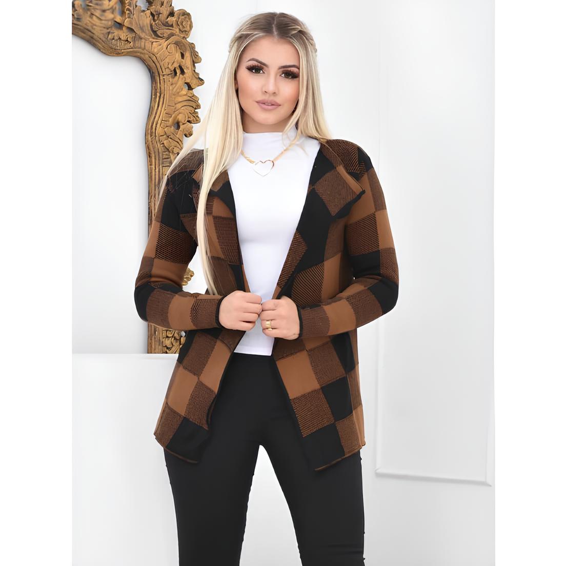 Cardigan Feminino Xadrez de Tricô – Kimono de Inverno com Manga Longa e Caimento Sofisticado